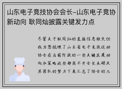 山东电子竞技协会会长-山东电子竞协新动向 耿同灿披露关键发力点